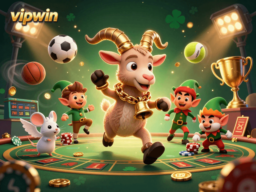 Experience thrilling gameplay at vipwin with a festive casino scene featuring 3D characters and sports elements.