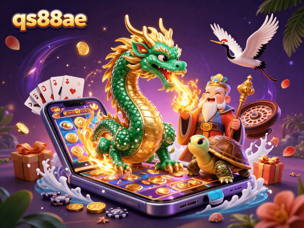 Engage with the vibrant world of qs88ae, where a jade dragon, sage turtle, and lucky cranes celebrate thrilling casino games.