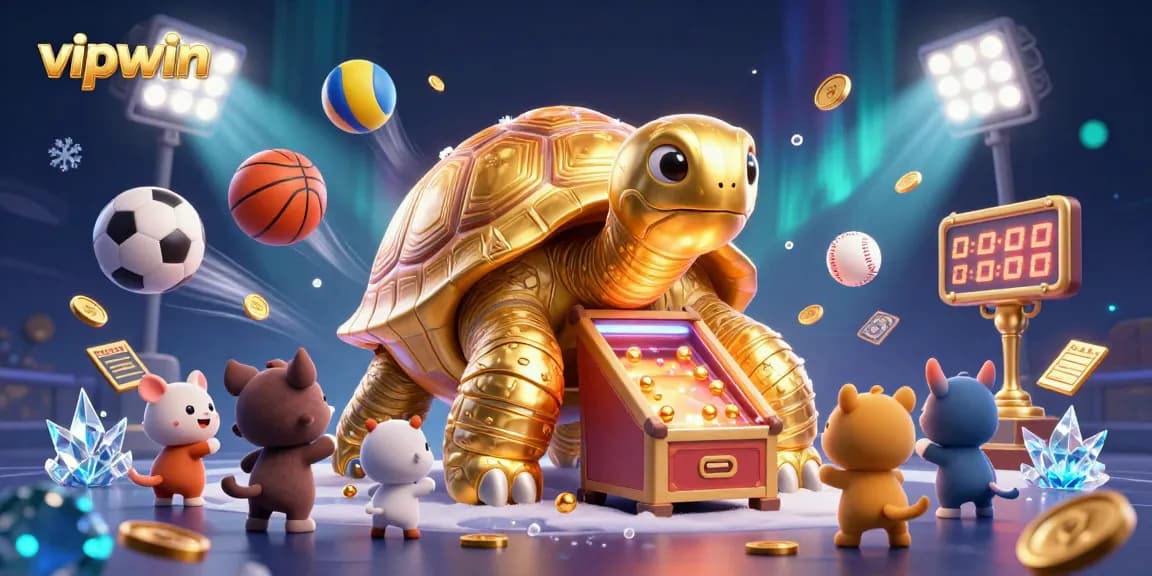 Engage in thrilling gaming at vipwin with dynamic sports betting excitement featuring a golden tortoise pinball machine.