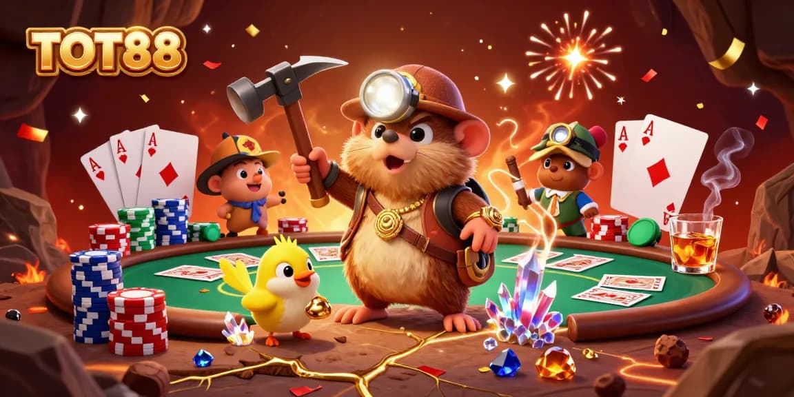 Experience thrilling gameplay at TOT88 with interactive poker tables and spirited characters in a vibrant 3D scene.
