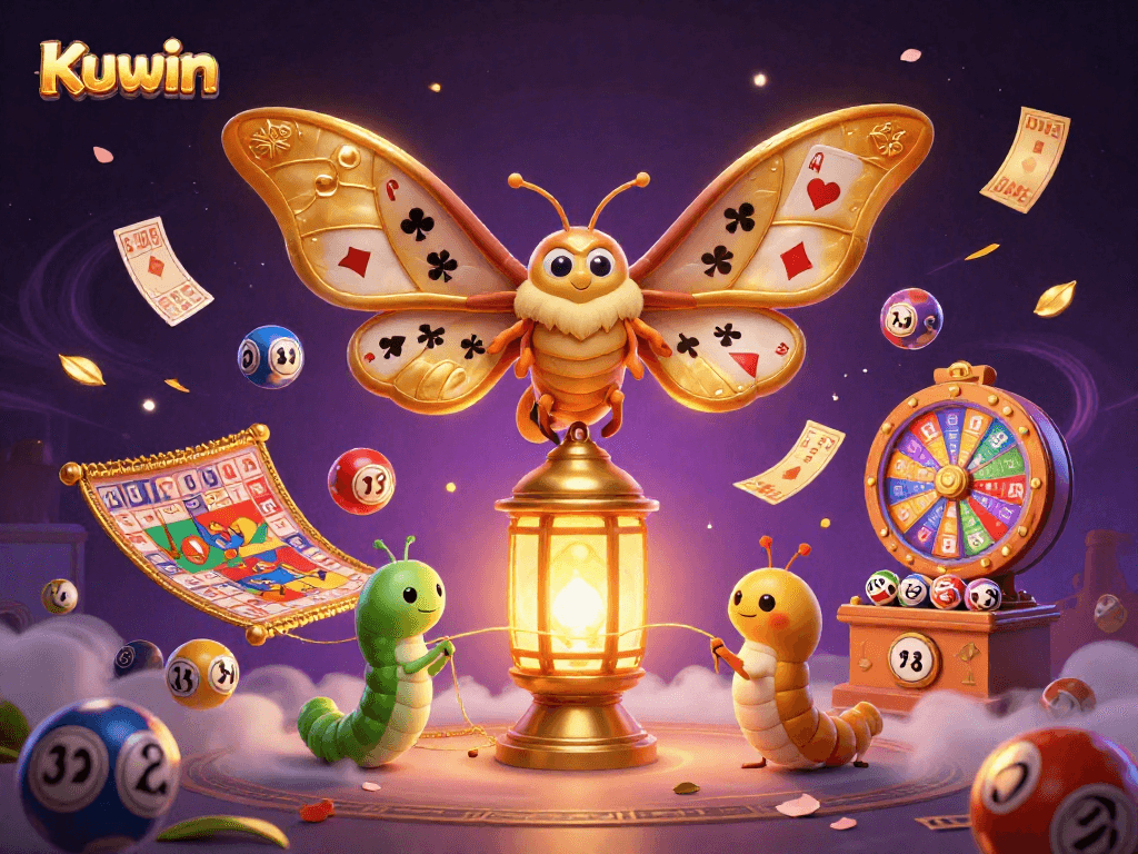 Kuwin presents a vibrant 3D illustration of a golden-winged moth and casino elements, showcasing thrilling gaming experiences.