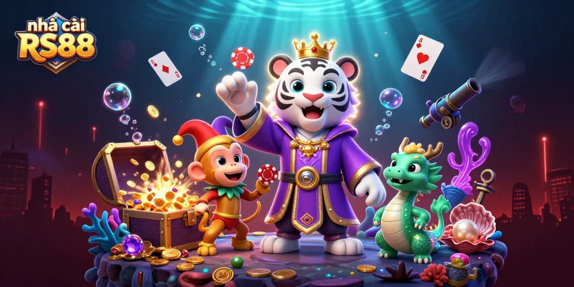 Experience nhà cái RS88 with dynamic characters and vibrant casino elements in a thrilling 3D illustration.