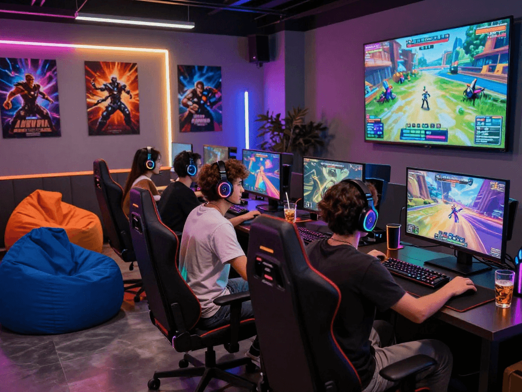 Engaging AI roleplay gaming scene with diverse players in a futuristic lounge.