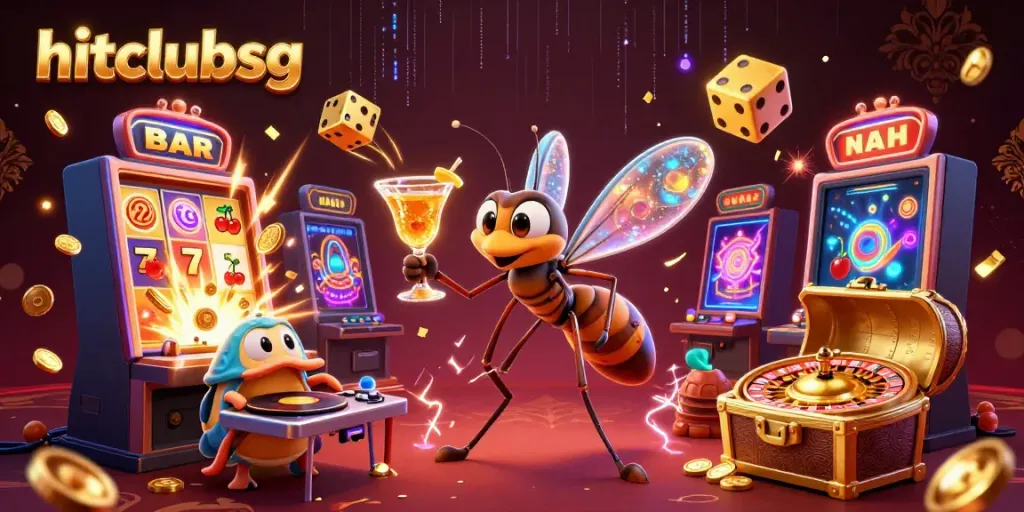 Experience the vibrant energy of hitclubsg with casino elements, a dazzling slot machine, and engaging mascots.