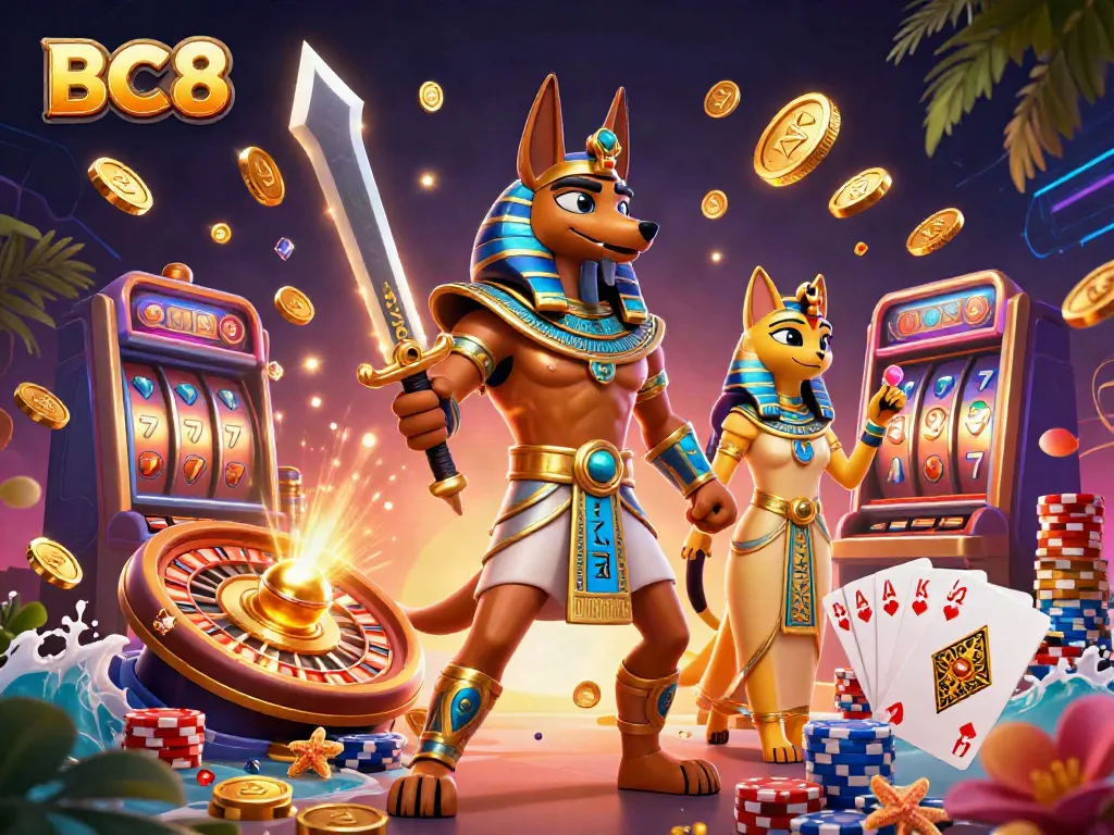 Engage with immersive gaming at BC8, featuring Anubis, Bastet, and dynamic casino elements.