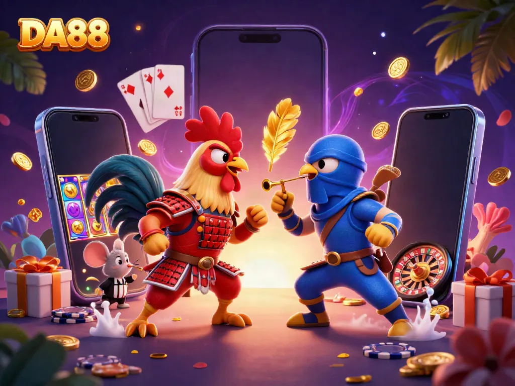 Experience thrilling cockfighting at DA88, featuring dramatic roosters and casino elements.