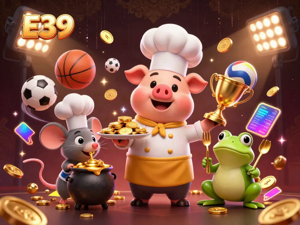 E39 showcases a vibrant 3D scene with characters and gold coins symbolizing winning in online gaming.