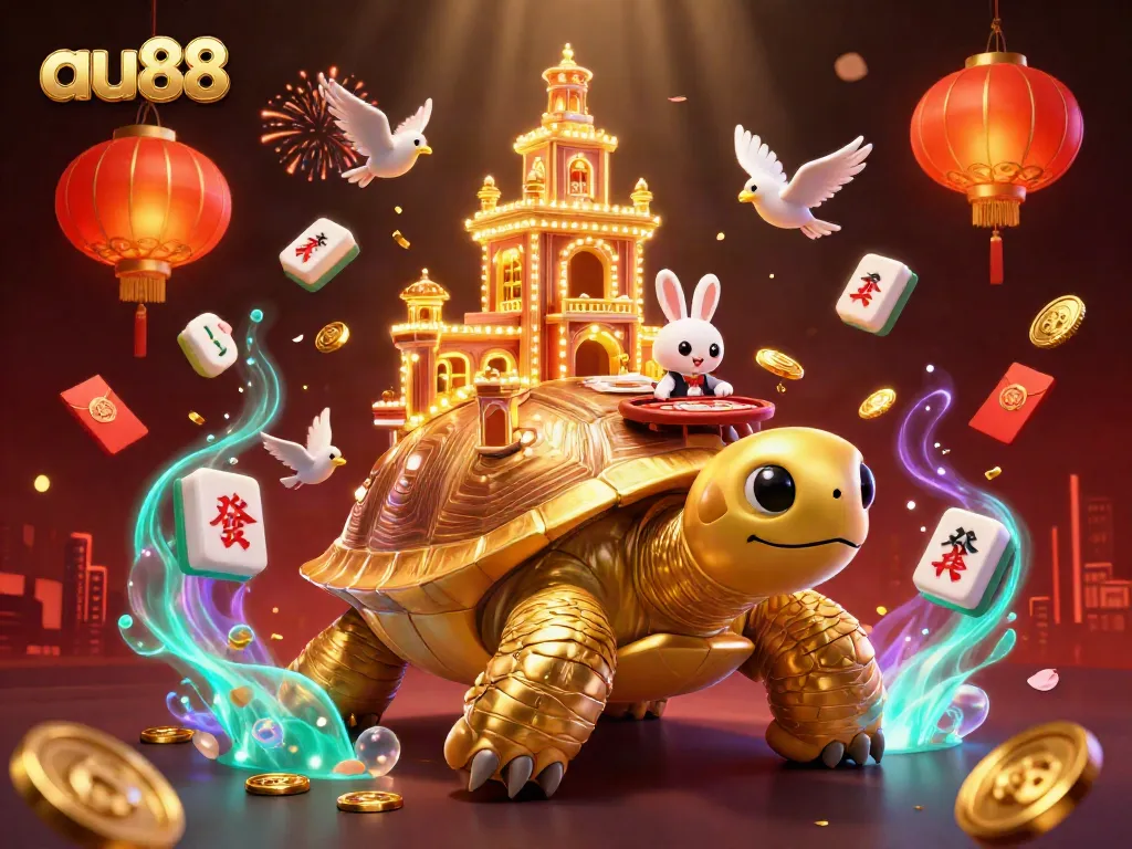 Experience the vibrant world of au88 with a golden tortoise and lively casino scene.