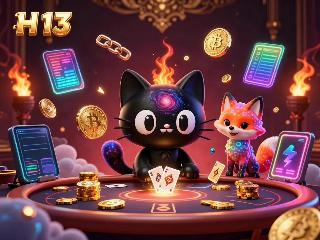 Engage with H 13 at the cosmic casino scene featuring a black hole cat and nebula fox.