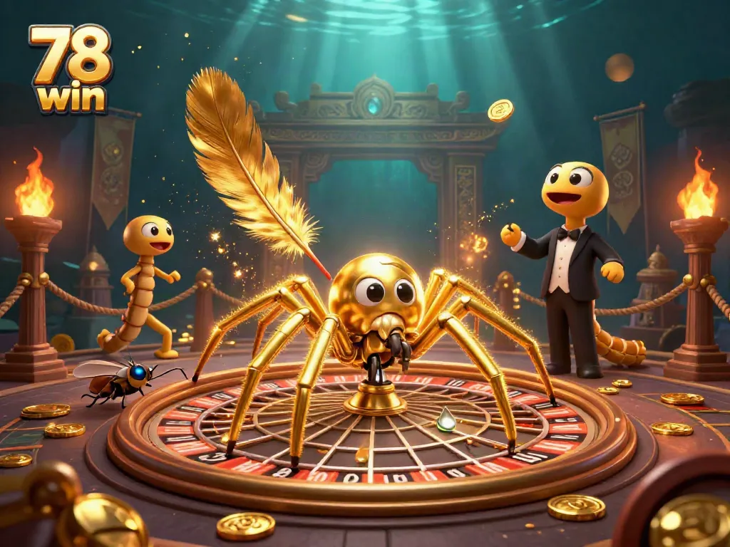 Experience the thrill of 78 win with a dynamic illustration of a spider and croupier in a golden roulette-themed web.