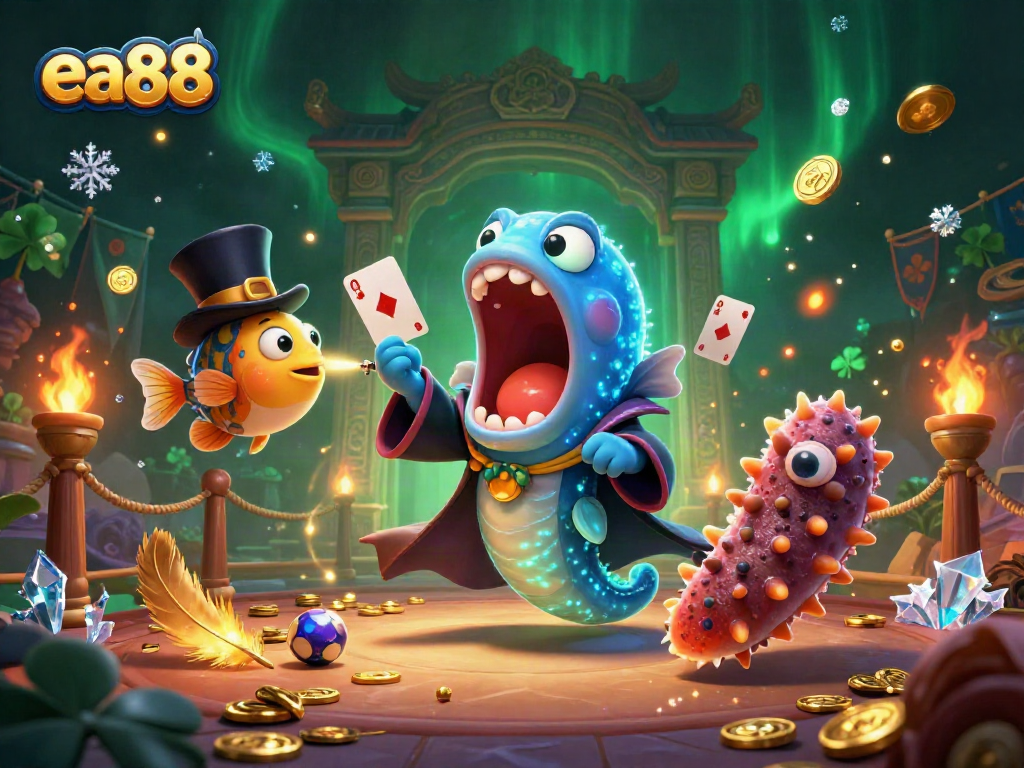 ea88 showcases a vibrant scene with a gulper eel performing card tricks amid casino elements and enchanted atmosphere.