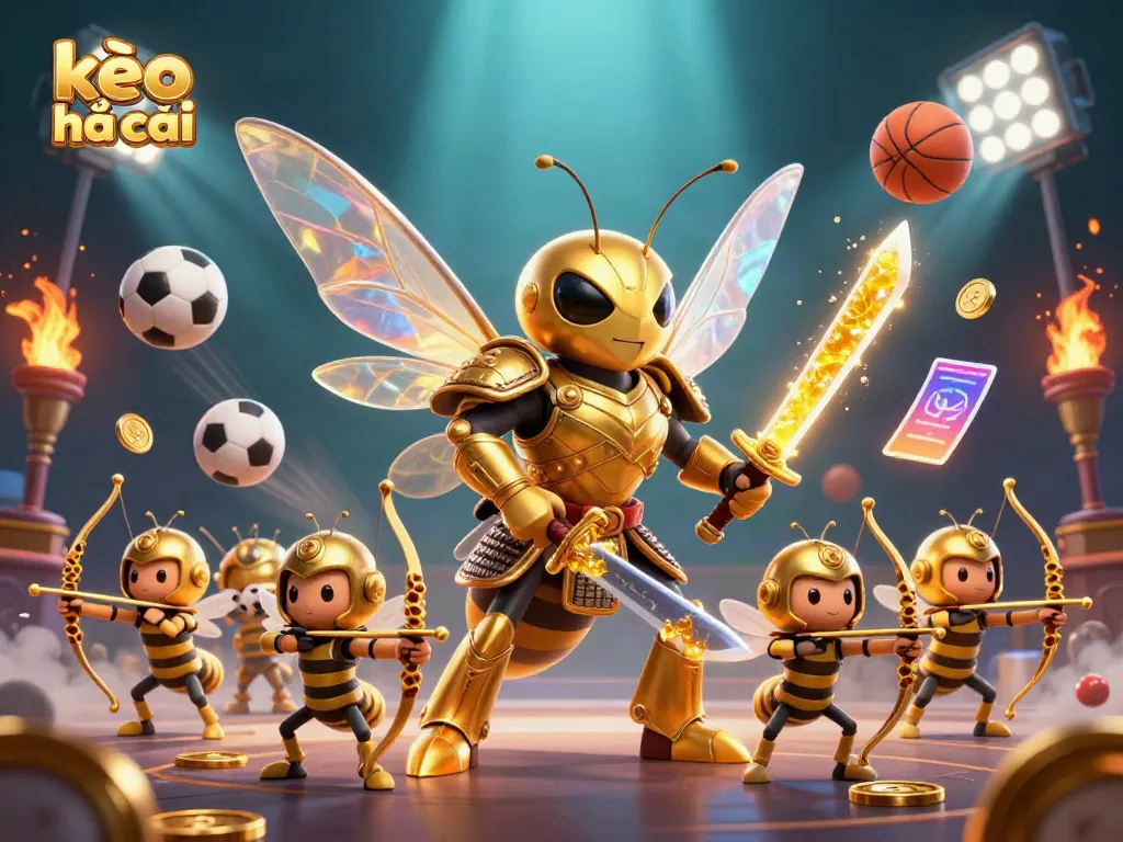 Engage with kèo nhà cái through an epic scene featuring a golden hornet samurai amidst sports betting elements.