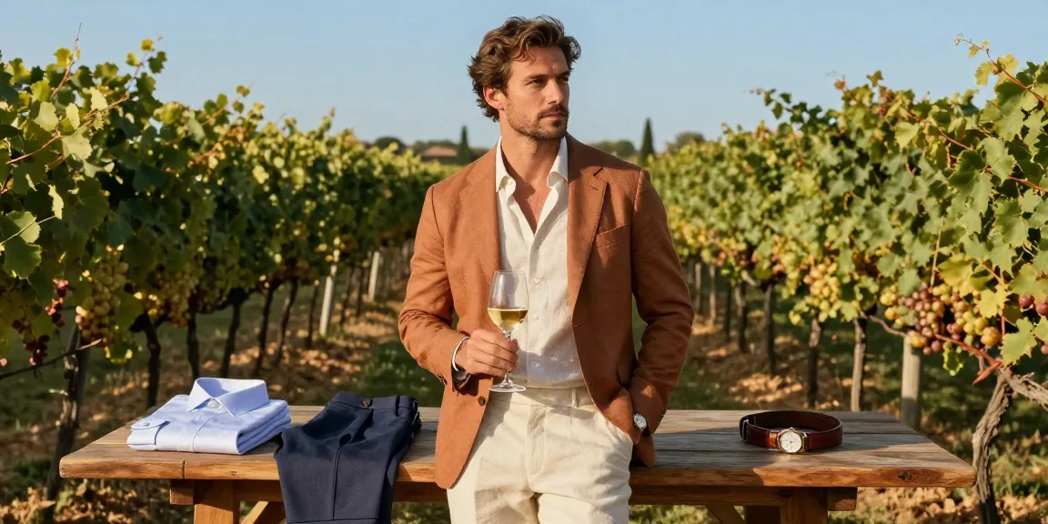 Stylish summer outfit from a Men's Clothing Online Boutique showcased in a vineyard setting, highlighting Italian elegance.