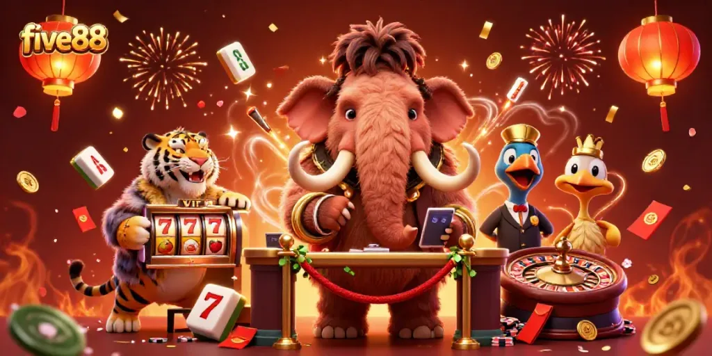 Join the exciting five88 casino experience with vibrant characters, slot reels, and festive decorations.