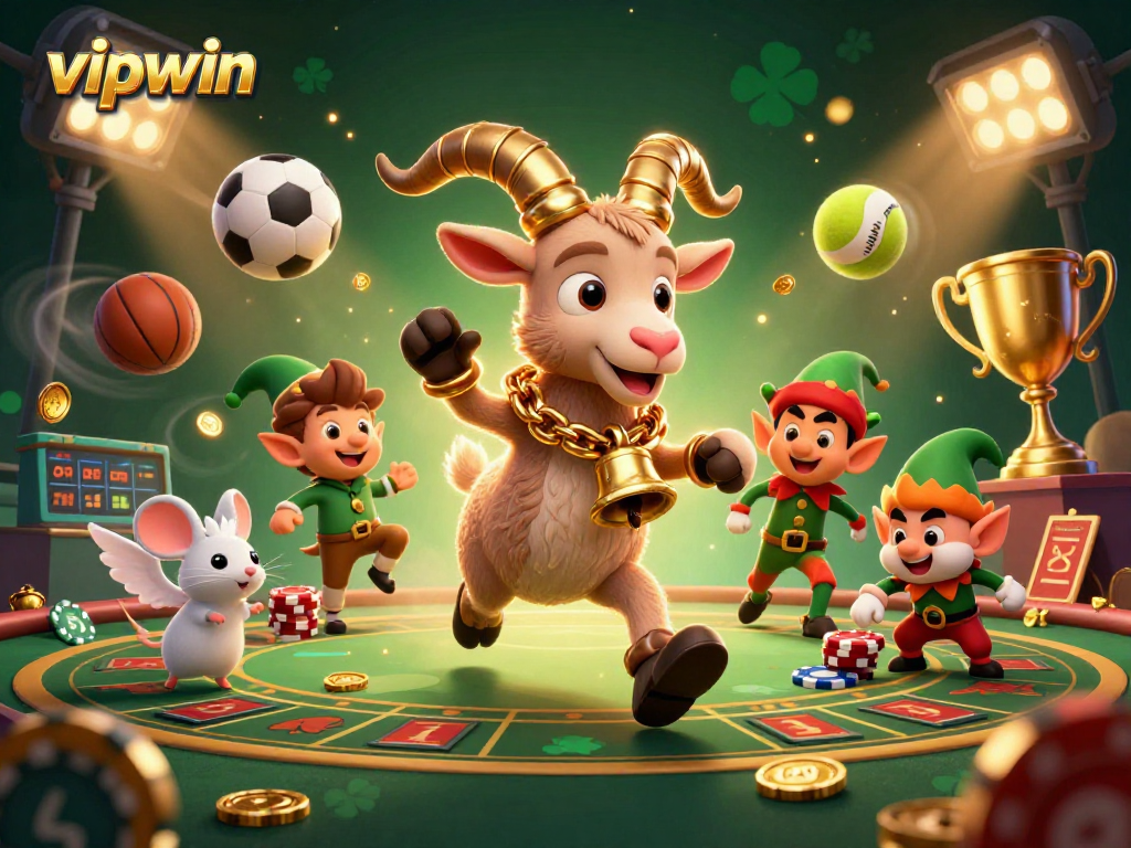 Experience thrilling gameplay at vipwin with a festive casino scene featuring 3D characters and sports elements.