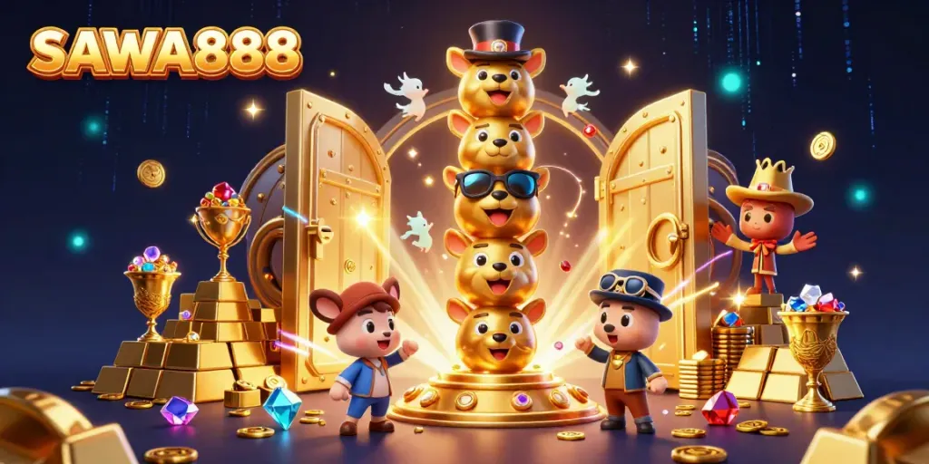 Spin and win at SAWA888 with dazzling slot reels and a golden totem in a vibrant casino scene.