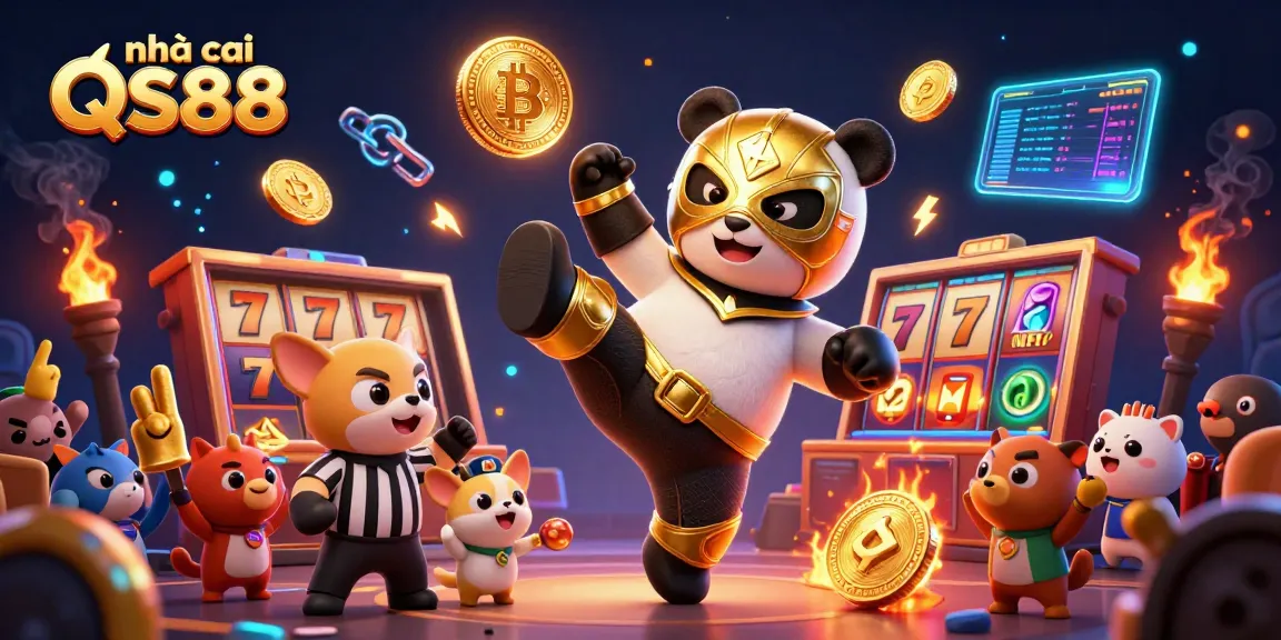 Join the excitement at nhà cái QS88 as a panda wrestler kicks into action surrounded by gaming elements.