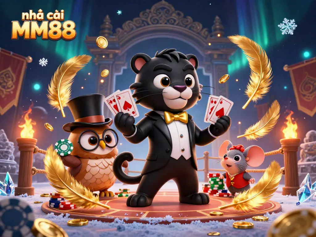 Engage with nhà cái MM88 in a vibrant casino setting with playful characters and immersive details.