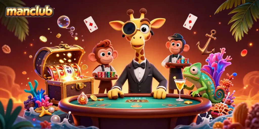 Experience thrilling gameplay with manclub's vibrant casino scene featuring a high-roller giraffe and exotic characters.