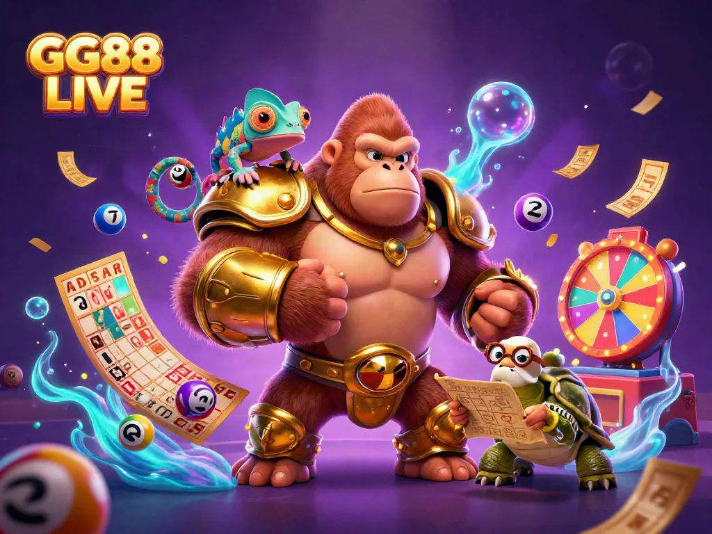 Experience thrilling excitement with GG88 LIVE as the cartoon gorilla king battles in golden armor amidst a vibrant casino scene.