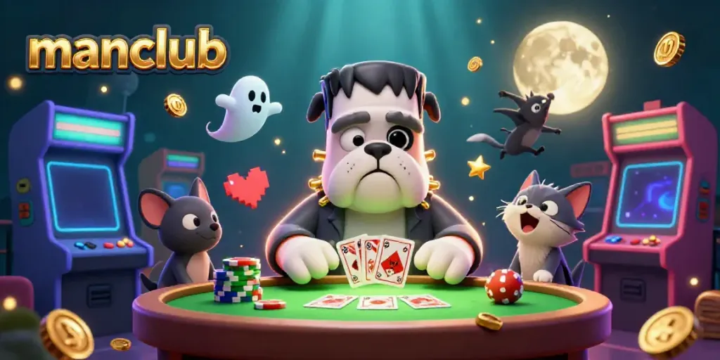 Join manclub and experience thrilling gambling adventures with cartoon characters in a spooky casino environment.