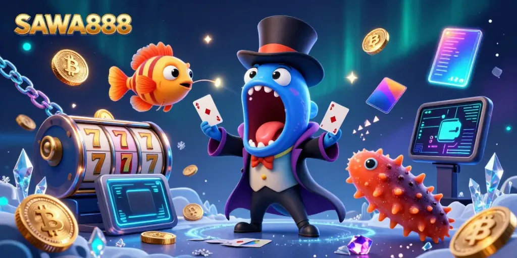 Engage in thrilling gameplay with SAWA888, featuring vibrant casino elements and characters.