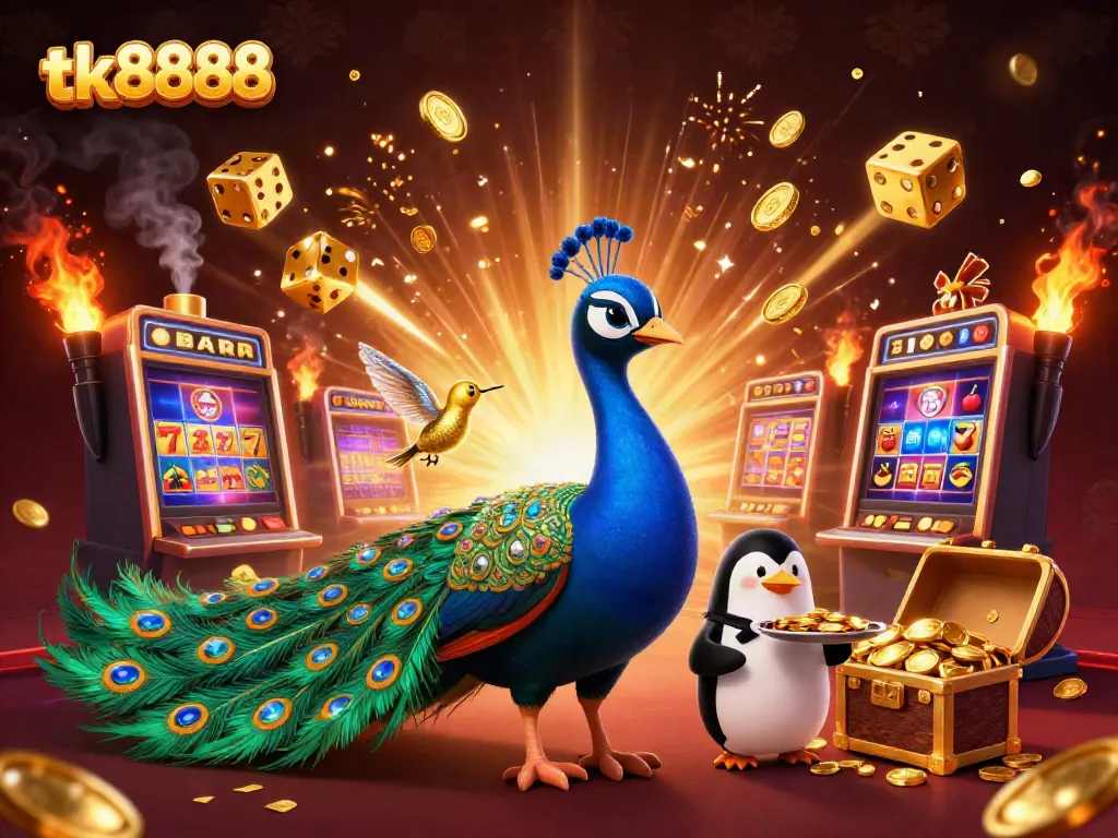 Engage with tk8888's vibrant casino scene featuring a colorful slot machine, peacock, and enchanting characters.