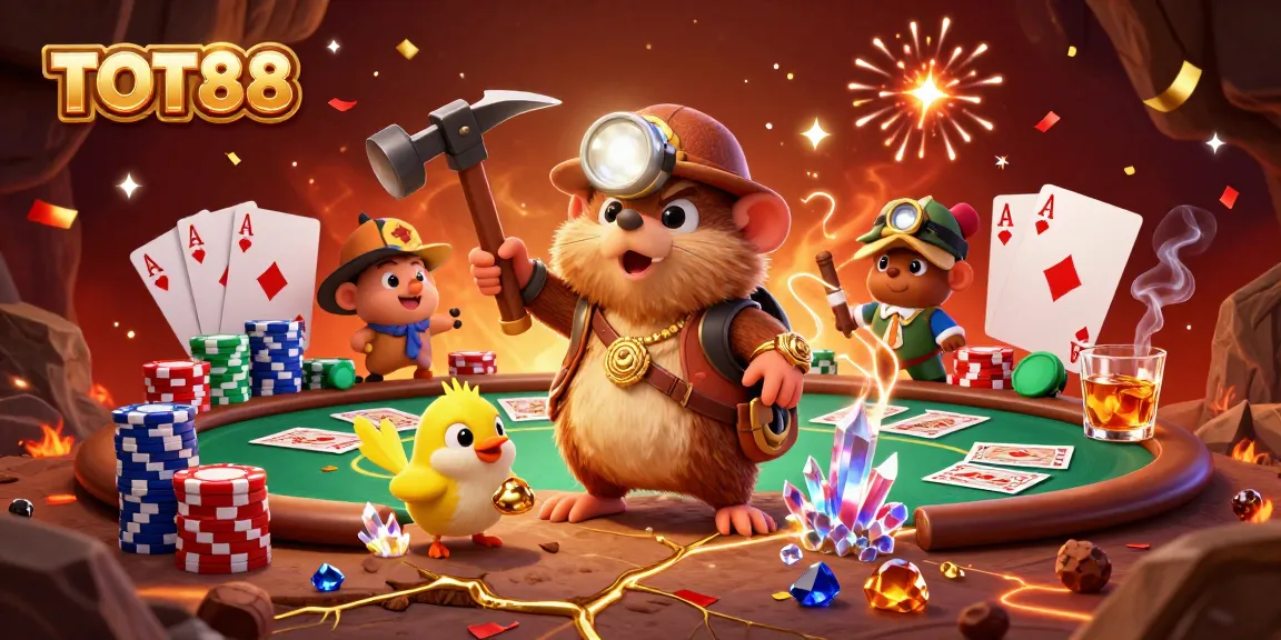 Experience thrilling gameplay at TOT88 with interactive poker tables and spirited characters in a vibrant 3D scene.