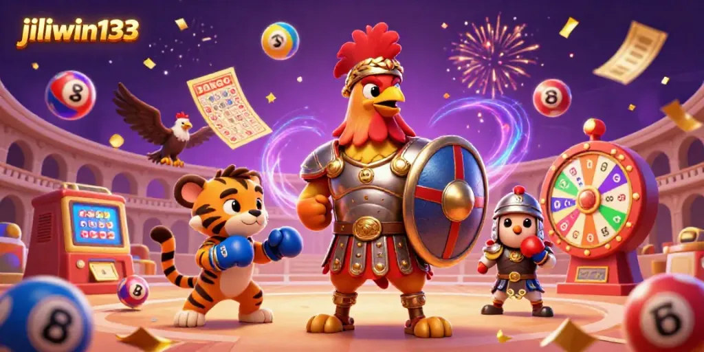 Experience the thrill of jiliwin133 with a vibrant illustration featuring a gladiator rooster and colorful casino elements.