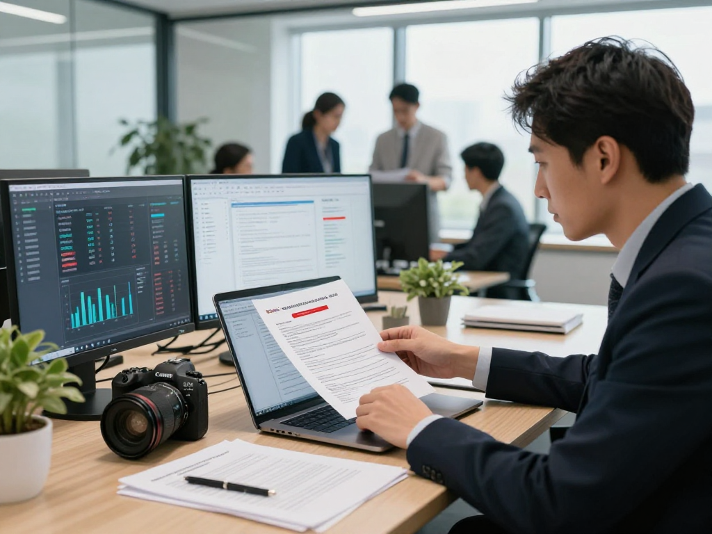 Document fraud detection analysis with cybersecurity expert reviewing suspicious documents in a modern office.