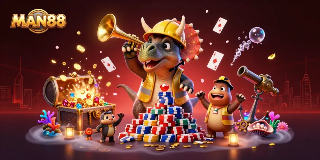 MAN88 engages in thrilling casino action with a vibrant casino scene featuring animated characters and rich details.