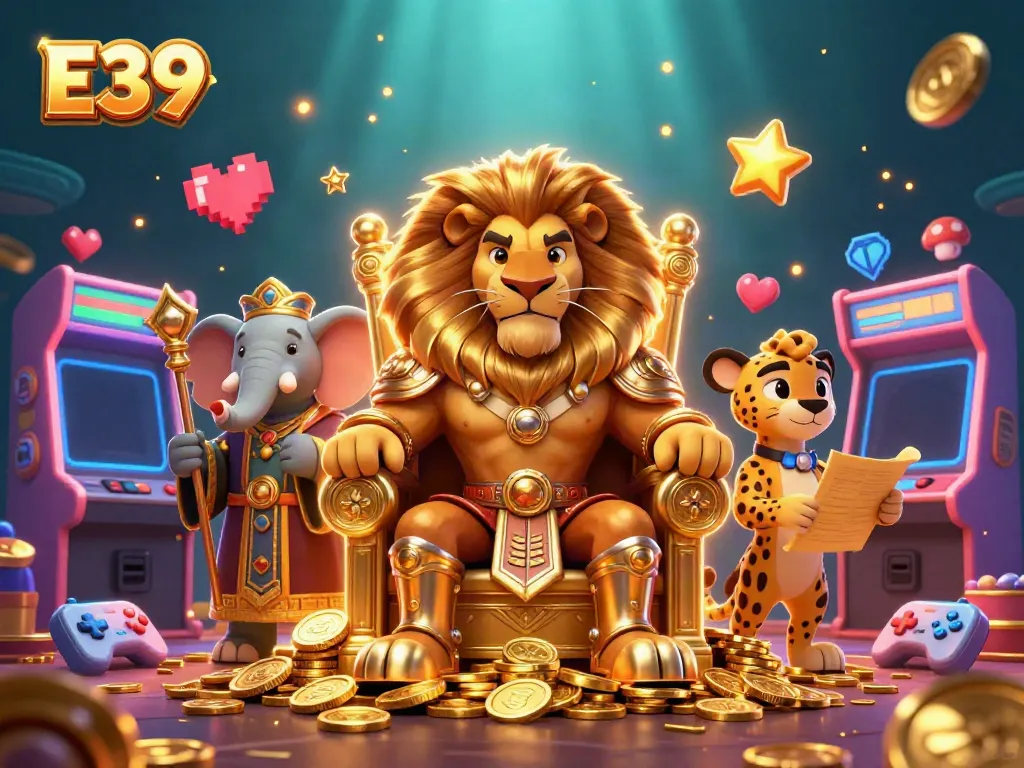 Experience the dynamic E39 gaming adventure with a royal lion, wise elephant, and swift cheetah amidst colorful casino elements.