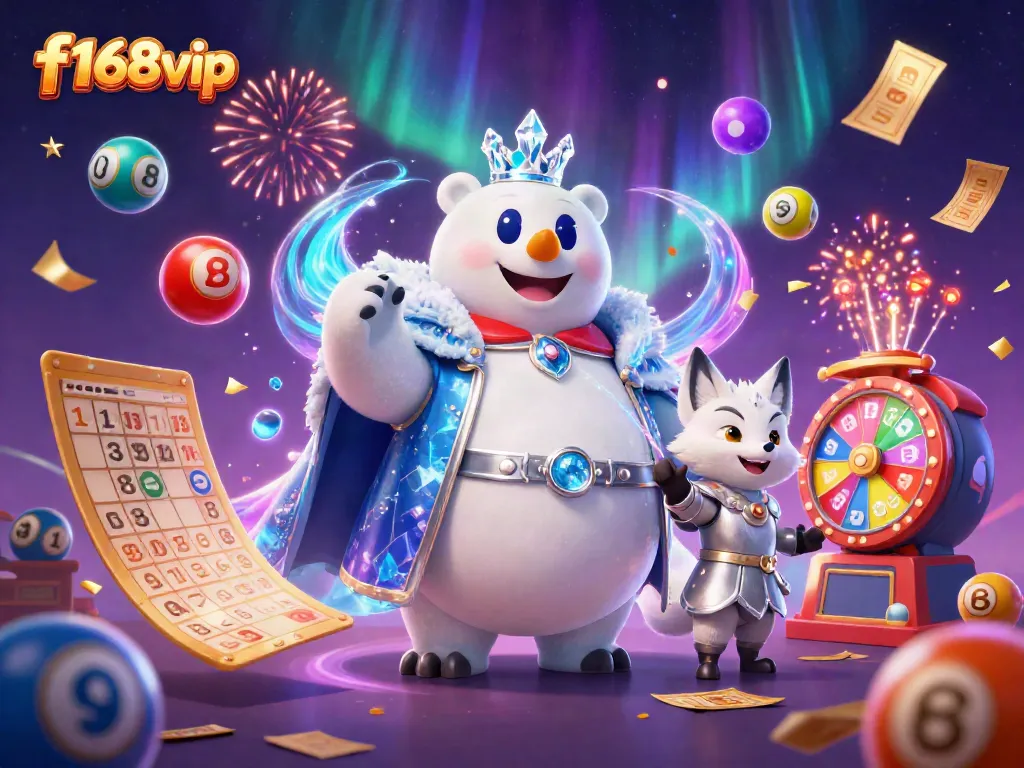 Experience the vibrant world of f168vip with colorful lottery elements, as the ice king polar bear leads the scene.