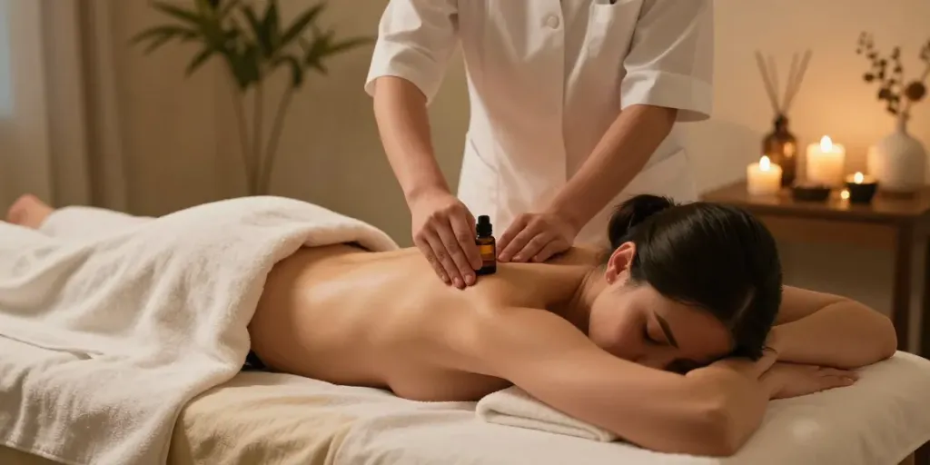 Relaxing massage therapy scene highlighting 구로출장안마 services with skilled therapist and soothing ambiance.