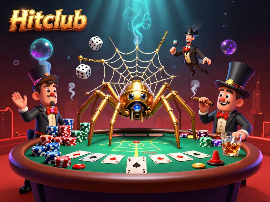 Experience thrilling gameplay at Hitclub with a lively steampunk spider creating a web of poker chips and dice.