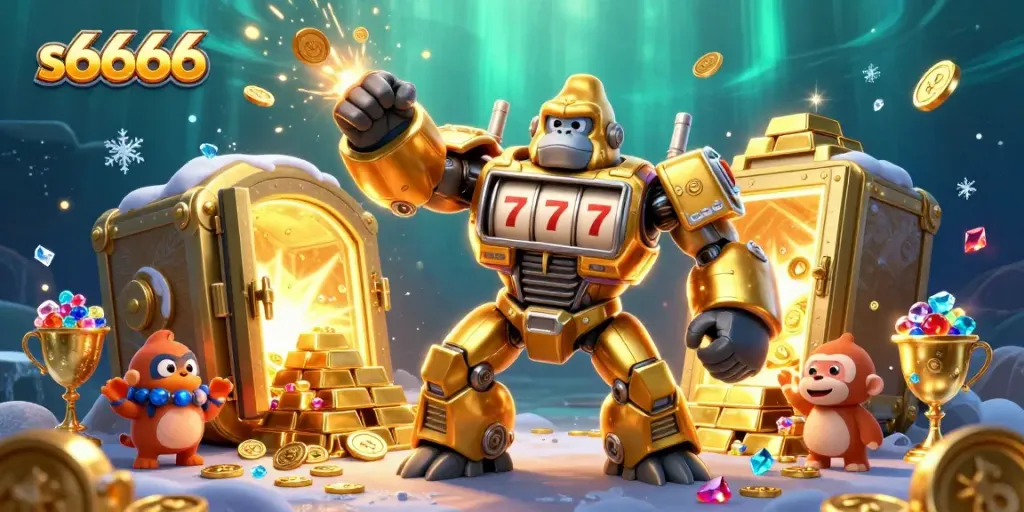 Experience the excitement of s6666 with a vibrant casino-themed 3D illustration of a golden gorilla mech.