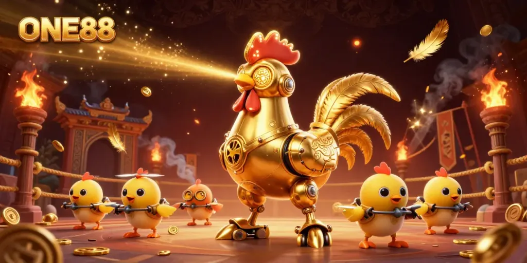 Experience top gaming thrills with ONE88's vibrant casino scene featuring dynamic characters, golden elements, and intense atmosphere.