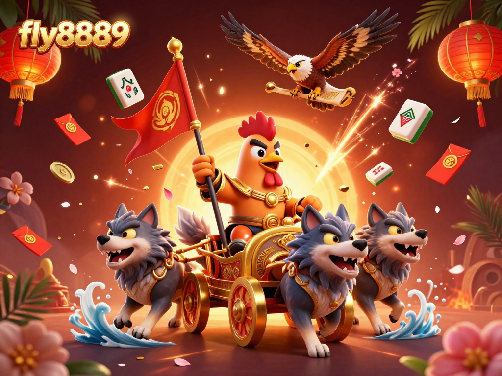 Experience excitement with fly8889 as the rooster warlord conquers the casino universe in a vibrant 3D scene.