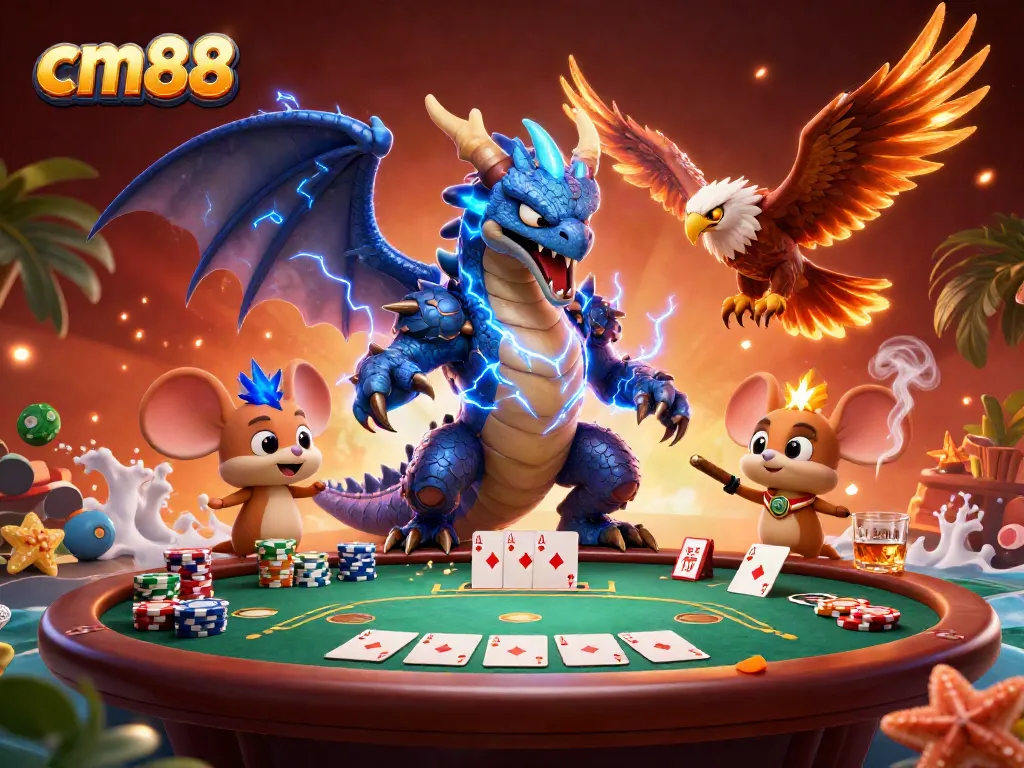 Engage in thrilling cm88 casino action with a thunder dragon, wind hawk, and poker scene.
