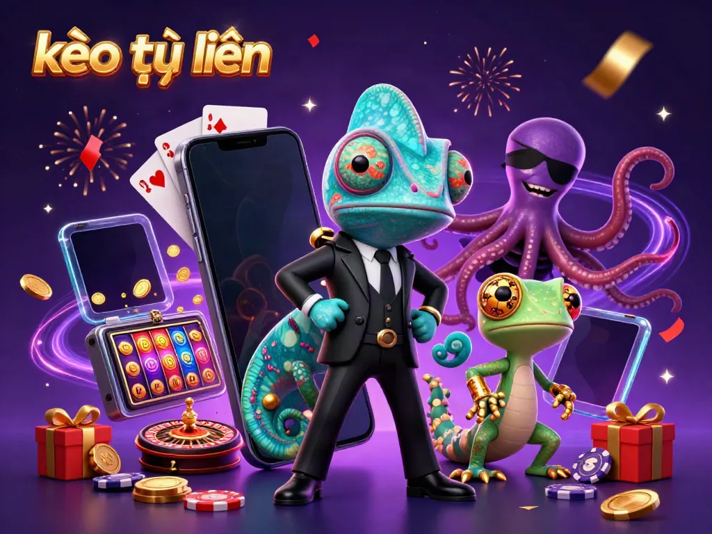 Experience thrilling kèo trực tuyến action with vibrant characters and casino elements in this detailed 3D illustration.