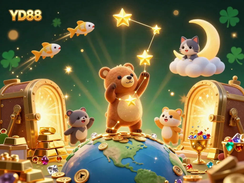 Experience YD88's vibrant gaming environment with a constellation bear and treasures in an enchanting casino scene.