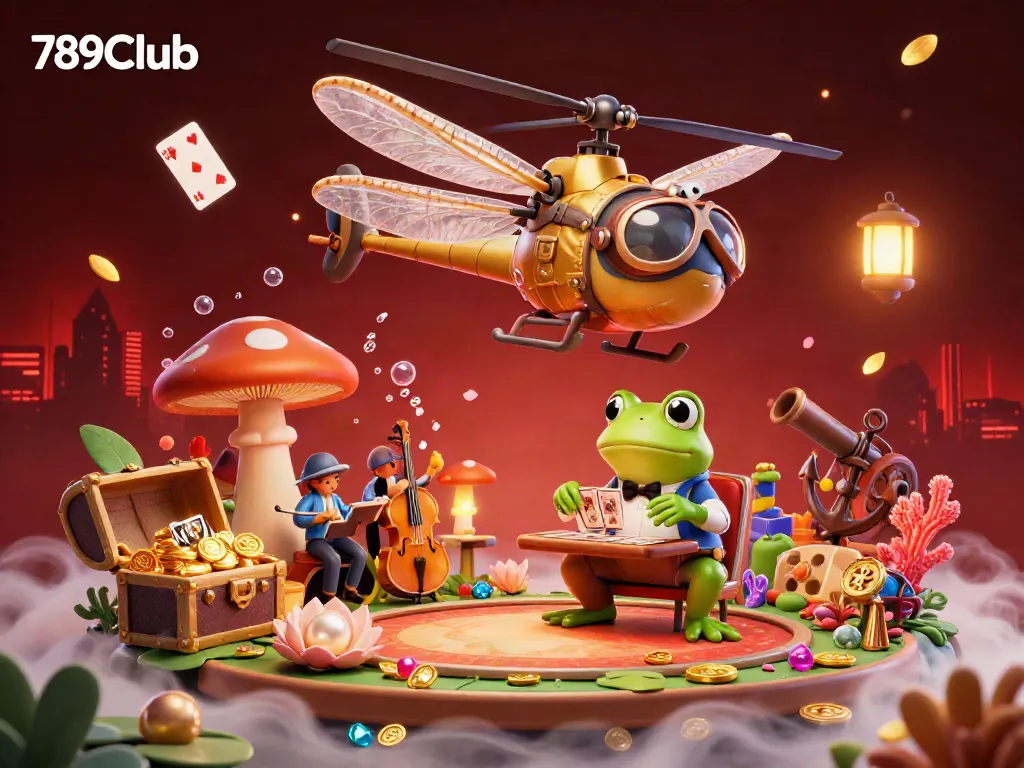 Experience the excitement of 789Club with a lively casino scene featuring whimsical characters, cards, and treasures.