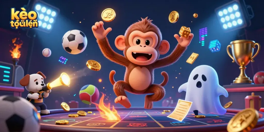 Experience kèo trực tuyến betting action with a playful ghost-hunter puppy in a haunted casino.