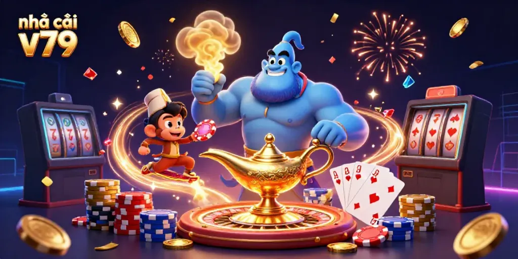 Experience the magic of nhà cái v79 with a vibrant illustration showcasing a blue genie, poker chips, and sparkling gems.