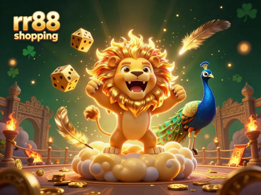 Experience the thrill of gambling with rr88 shopping in this vibrant 3D casino scene featuring a roaring sun lion surrounded by dynamic elements.