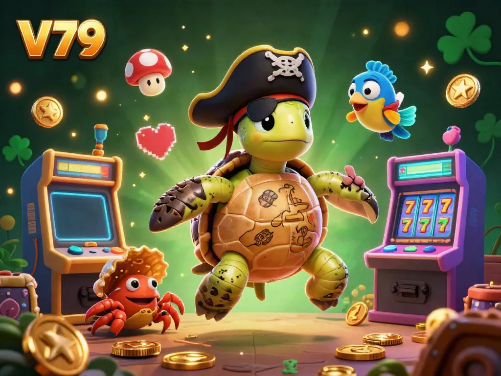 Experience V79's vibrant gaming world with a pirate turtle and friends floating above jackpot treasures.