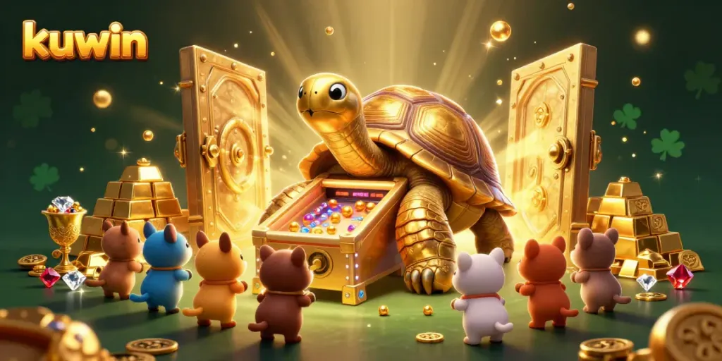 Kuwin offers exhilarating gambling experiences with a vibrant illustration featuring a golden tortoise pinball machine surrounded by treasures.