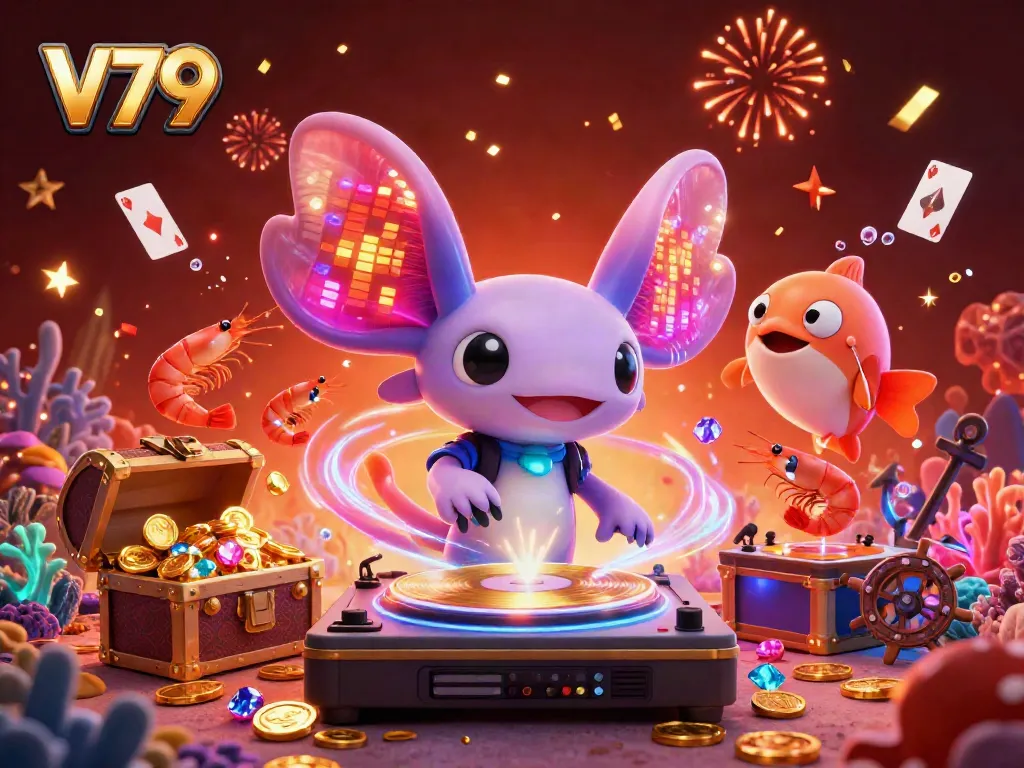 Experience the excitement of V79 with a lively underwater casino scene featuring dynamic characters and vibrant game elements.