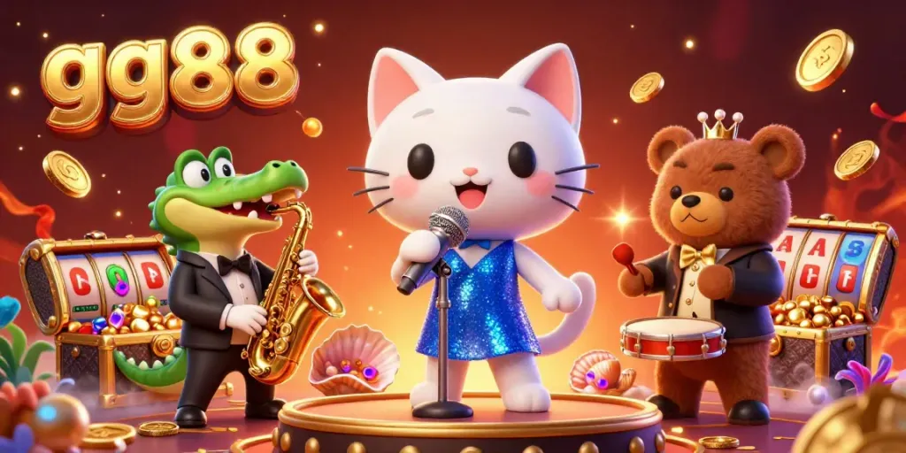 Join the excitement with gg88 at a lively casino scene featuring a jazz-singer cat, saxophone crocodile, and drum bear.