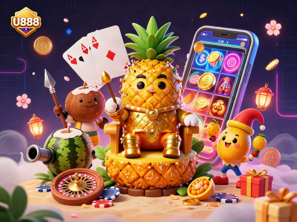 Engage with U888 while watching the golden pineapple king rule a vibrant beach casino fantasy.